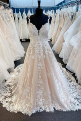 Ivory V-Neck Appliqued Long Corset Wedding Dress outfit, Wedding Dress Under