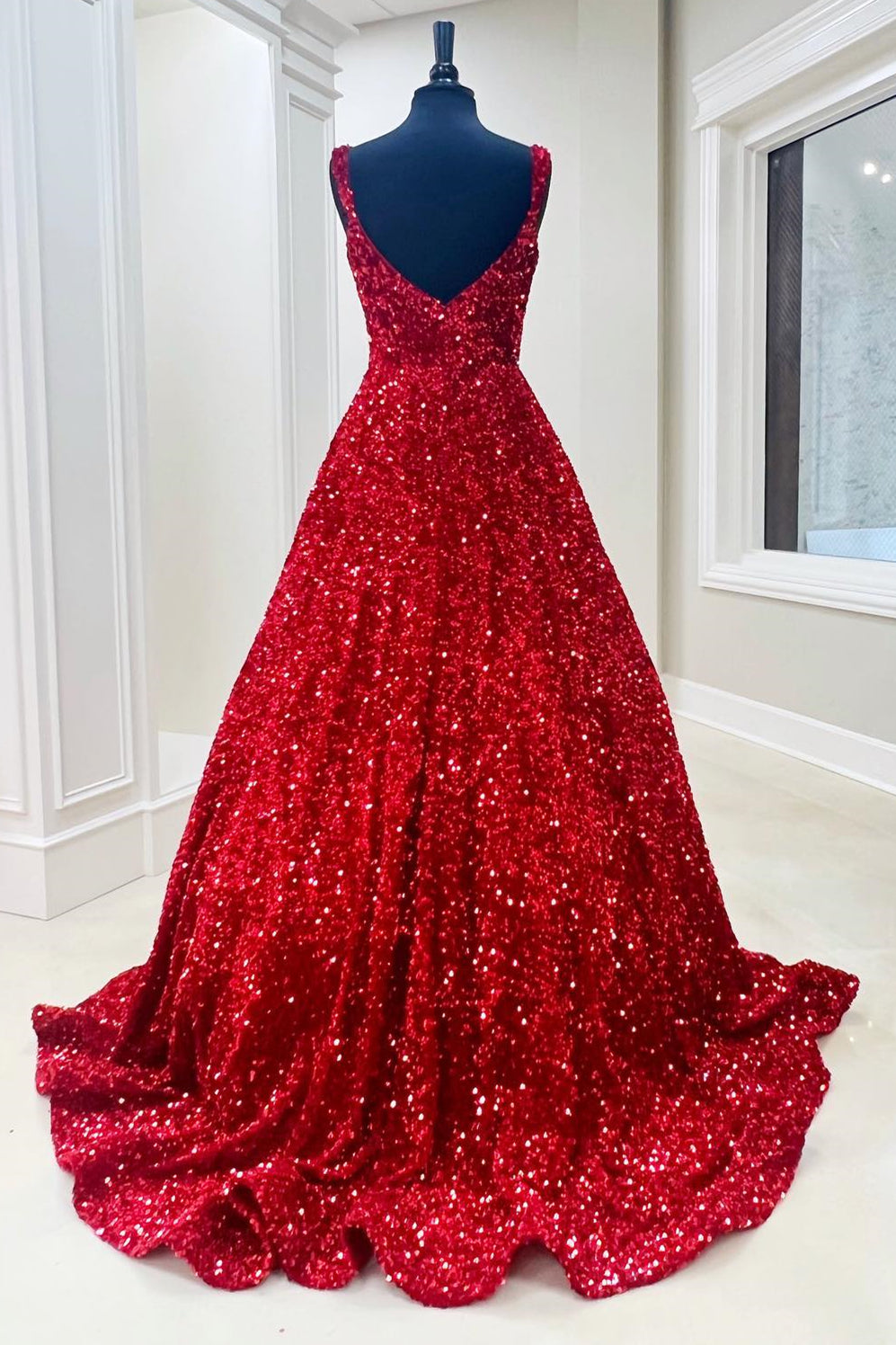 Red Sequin Square Neck Backless A-Line Long Corset Prom Gown outfits, Fashion Dress