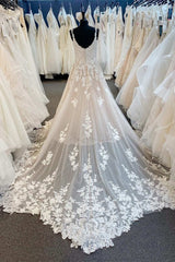 Ivory V-Neck Appliqued Long Corset Wedding Dress outfit, Wedding Dresses Chic