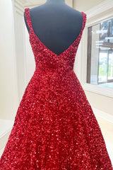 Red Sequin Square Neck Backless A-Line Long Corset Prom Gown outfits, Floral Bridesmaid Dress