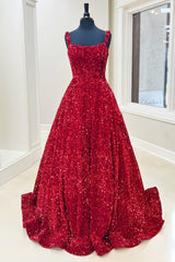 Red Sequin Square Neck Backless A-Line Long Corset Prom Gown outfits, Bridesmaid Nail