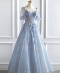 Blue V Neck Tulle Sequin Long Corset Prom Dress, Blue Tulle Corset Formal Dress, 1 Gowns, Prom Dresses Prom Dress