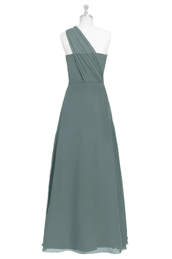 Dark Sage Green Chiffon One-Shoulder Long Corset Bridesmaid Dress outfit, Party Dress Near Me