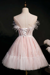 Pink Feather Strapless A-Line Short Corset Homecoming Dress outfit, Bridesmaids Dress Styles