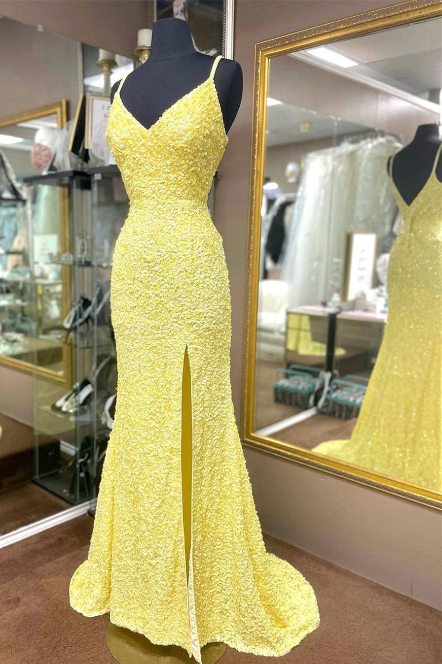 Elegant Yellow Sequins Mermaid Corset Prom Dress outfits, Party Dress Trends