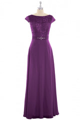 Elegant Purple Lace Cap Sleeve A-Line Long Corset Bridesmaid Dress outfit, Party Dresses Black And Gold