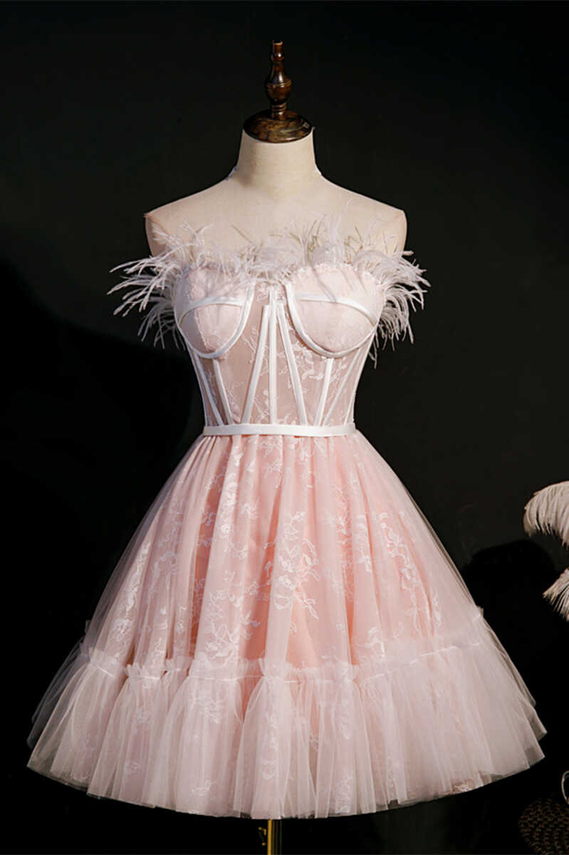 Pink Feather Strapless A-Line Short Corset Homecoming Dress outfit, Bridesmaids Dress Style