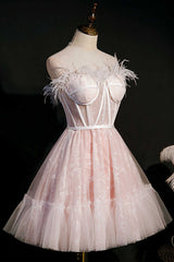 Pink Feather Strapless A-Line Short Corset Homecoming Dress outfit, Bridesmaid Dresse Styles