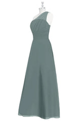 Dark Sage Green Chiffon One-Shoulder Long Corset Bridesmaid Dress outfit, Party Dresses Near Me