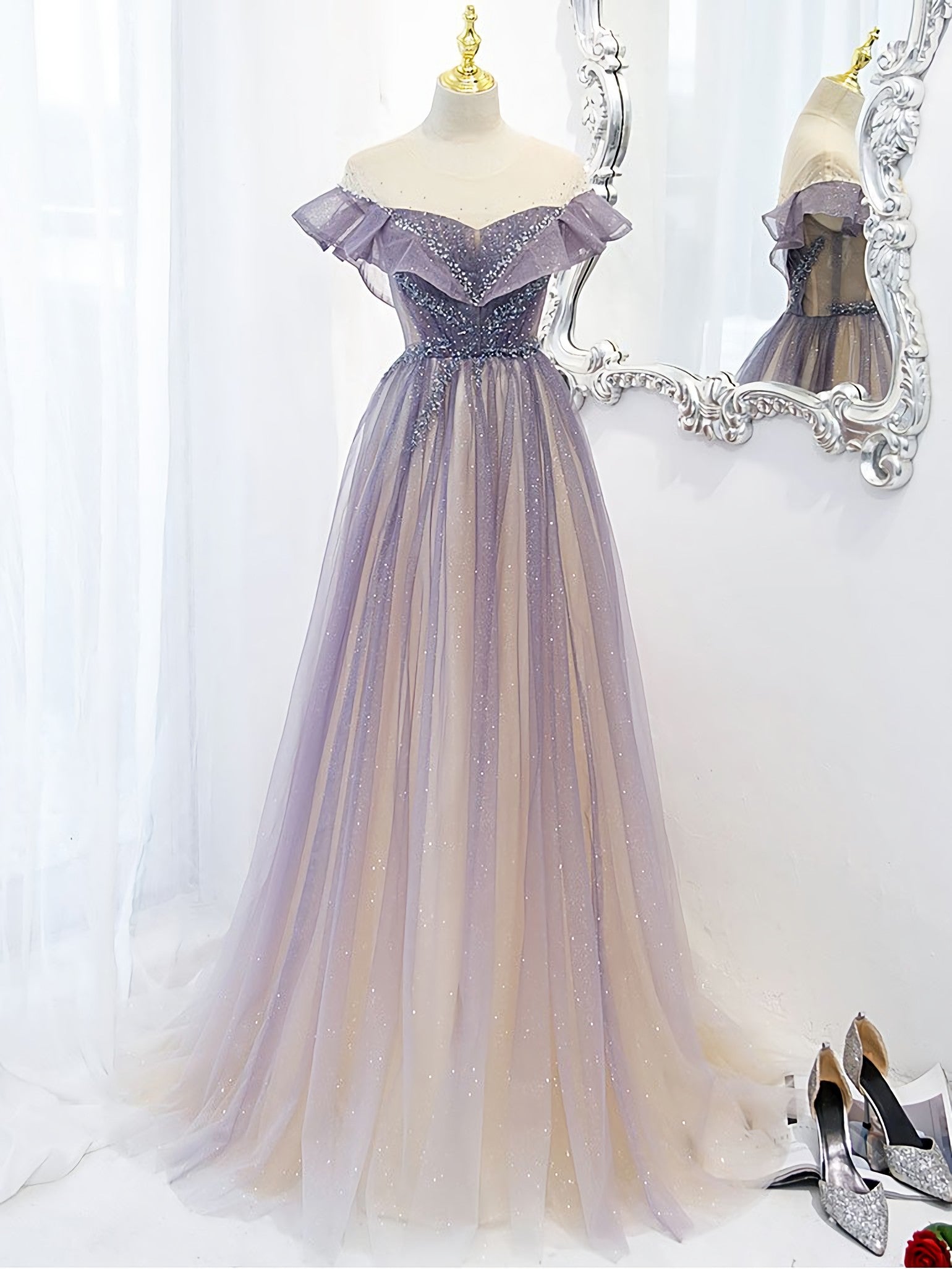 Purple Off Shoulder Tulle Sequin Long Corset Prom Dress, Purple Evening Dress outfit, Homecomming Dresses Red