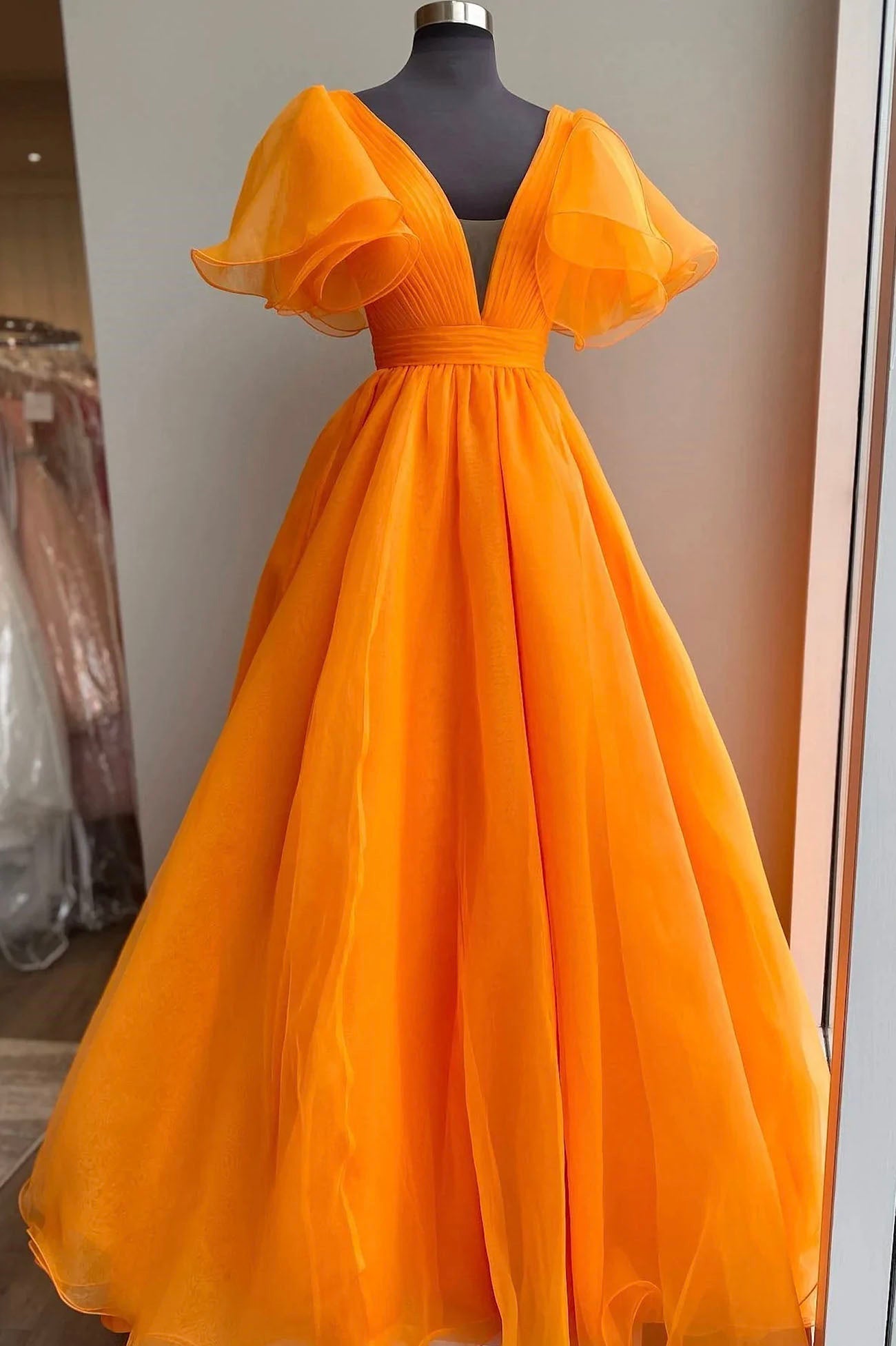 Orange Organza Long A-Line Corset Prom Dress, Beautiful V-Neck Evening Dress outfit, Bridesmaid Dress Inspo