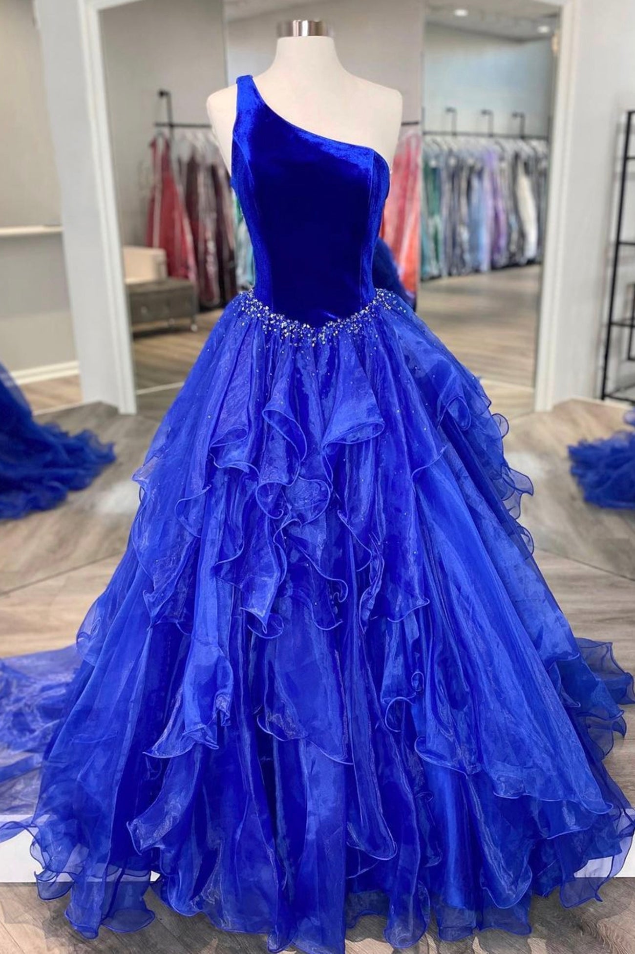 Blue Velvet Tulle One Shoulder Corset Prom Dress, Blue Floor Length Evening Dress outfit, Club Dress