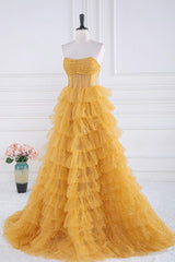 Sparkly Yellow Strapless Layers A-line Long Corset Prom Dress outfits, Formal Dress For Ladies