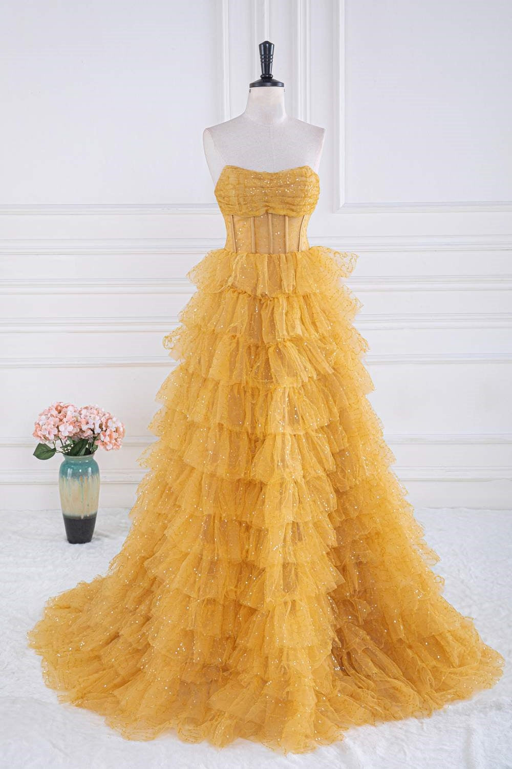 Sparkly Yellow Strapless Layers A-line Long Corset Prom Dress outfits, Formal Dress Boutiques Near Me
