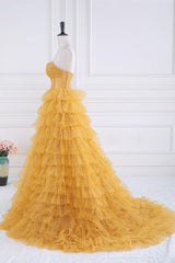 Sparkly Yellow Strapless Layers A-line Long Corset Prom Dress outfits, Formal Dressing For Ladies