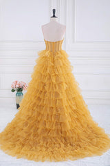 Sparkly Yellow Strapless Layers A-line Long Corset Prom Dress outfits, Formal Dresses Nearby