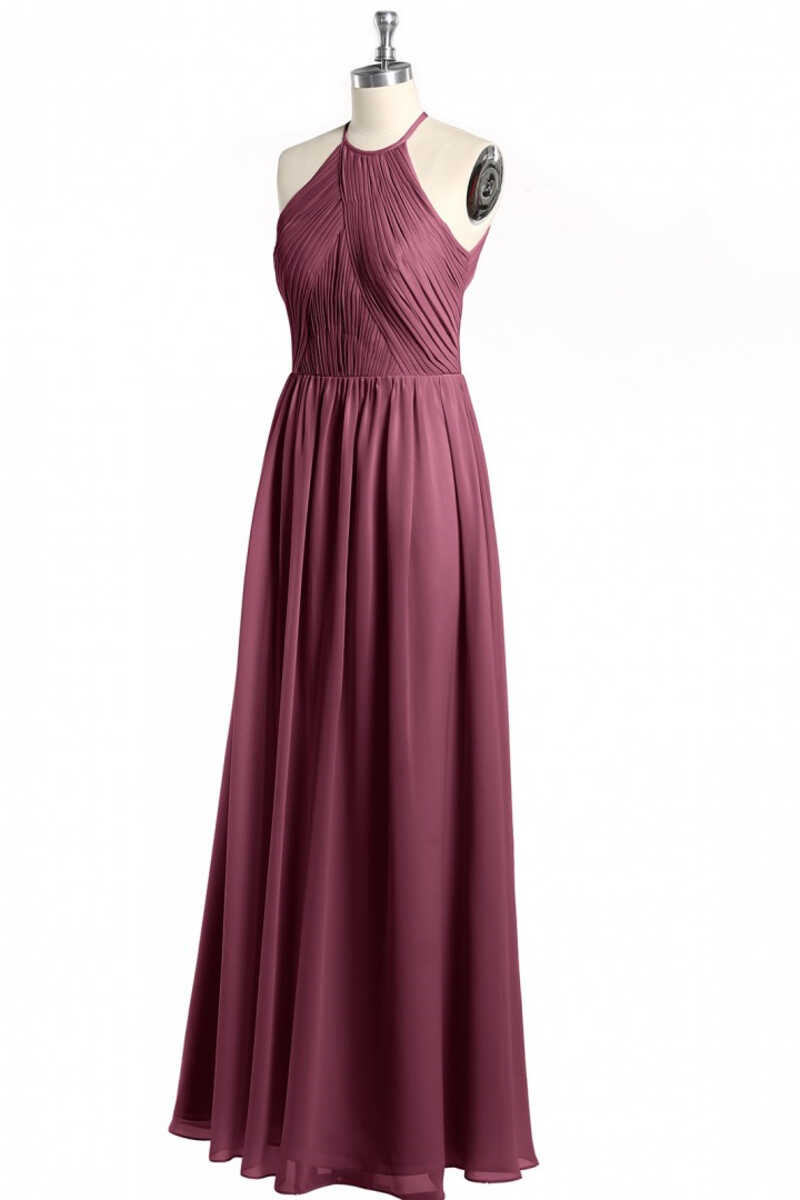 Mauve Chiffon Halter Backless A-Line Long Corset Bridesmaid Dress outfit, Prom Dresses For Teens