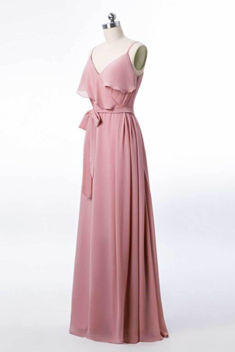Mauve Pink Chiffon Spaghetti Straps Ruffled A-Line Corset Bridesmaid Dress outfit, Prom Dresses Cheap