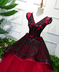 Unique Burgundy V Neck Tulle Long Corset Prom Dress, Burgundy Evening Dress outfit, Prom Dresses With Slit