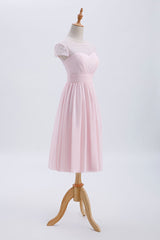Princess Pink Chiffon and Lace Short Sleeves Corset Bridesmaid Dress outfit, Bridesmaids Dresses Orange