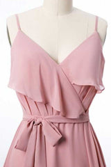 Mauve Pink Chiffon Spaghetti Straps Ruffled A-Line Corset Bridesmaid Dress outfit, Prom Dresses 2023