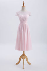 Princess Pink Chiffon and Lace Short Sleeves Corset Bridesmaid Dress outfit, Bridesmaid Dresses Gold
