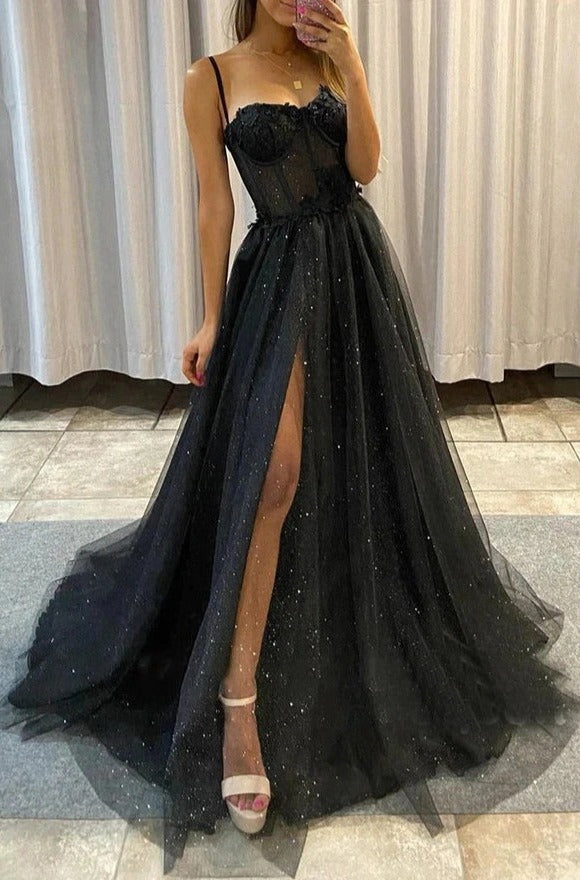 Black A Line Spaghetti Straps Corset Prom Dresses with Slit, Sparkly Evening Gown outfits, Pink Prom Dress