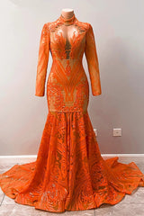 Hot Orange High neck Long Sleeves Mermaid Sequin Corset Prom Dresses outfit, Party Dresses Long Dresses