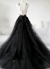 Black Tulle Lace Long Corset Prom Dress, Black Lace Evening Dress, 2303 Gowns, Formal Dresses Elegant Classy