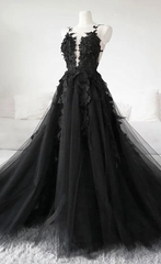 Black Tulle Lace Long Corset Prom Dress, Black Lace Evening Dress, 2303 Gowns, Formal Dresses Pink