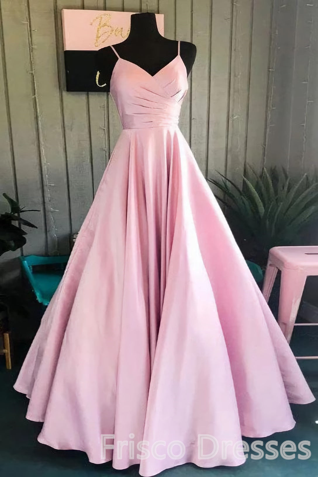 V-neck A-line Pink Spaghetti Straps Rushed Satin Long Corset Prom Dresses outfit, Party Dress On Sale
