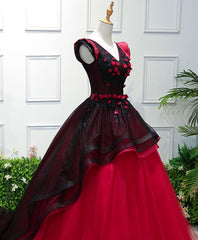Unique Burgundy V Neck Tulle Long Corset Prom Dress, Burgundy Evening Dress outfit, Prom Dresses Black