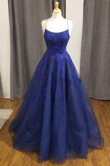 Sparkles Blue Floral Lace Backless A-Line Corset Prom Dress outfits, Formal Dresses And Gowns