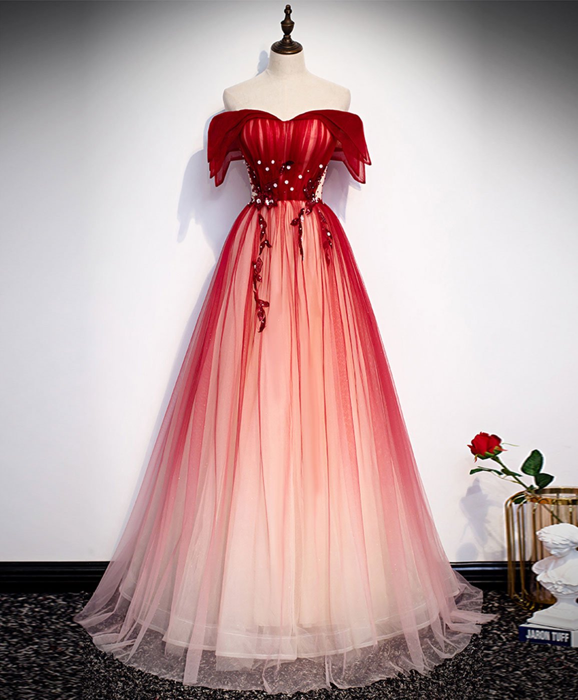 Burgundy Off Shoulder Tulle Long Corset Prom Dress, Burgundy Corset Formal Dress, 1 Gowns, Formal Dress Shops