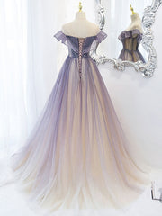 Purple Off Shoulder Tulle Sequin Long Corset Prom Dress, Purple Evening Dress outfit, Homecoming Dress Red