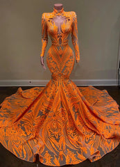 Hot Orange High neck Long Sleeves Mermaid Sequin Corset Prom Dresses outfit, Party Dresses Long