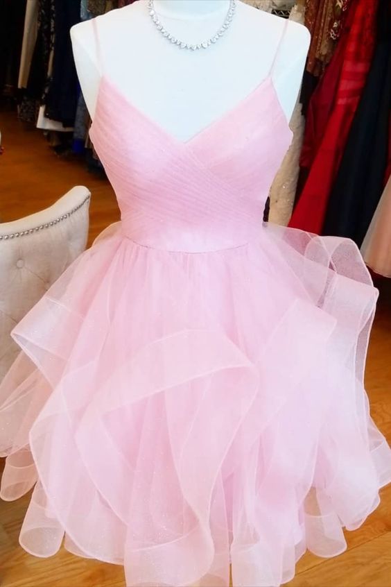 short pink a line Corset Homecoming dress birthday dress with ruffled skirt outfit, Silk Wedding Dress