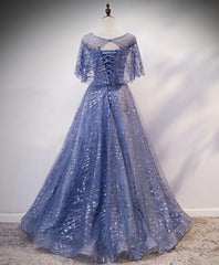 Unique Round Neck Tulle Lace Long Corset Prom Dress, Blue Lace Evening Dress outfit, Prom Dresses Dresses