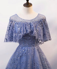 Unique Round Neck Tulle Lace Long Corset Prom Dress, Blue Lace Evening Dress outfit, Prom Dress Dresses