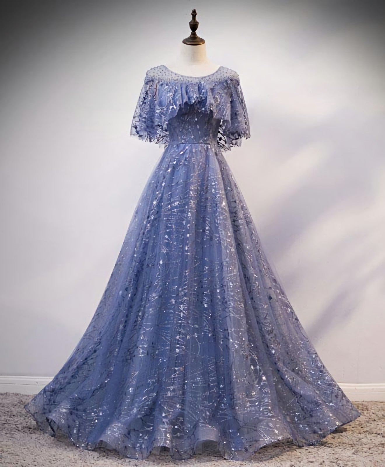 Unique Round Neck Tulle Lace Long Corset Prom Dress, Blue Lace Evening Dress outfit, Prom Dress 2031