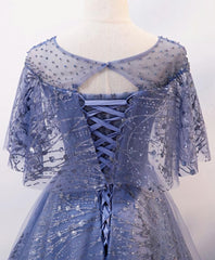 Unique Round Neck Tulle Lace Long Corset Prom Dress, Blue Lace Evening Dress outfit, Prom Dresses Dress