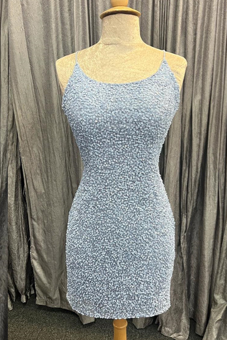 Light Blue Lace-Up Sequins Sheath Corset Homecoming Dress outfit, Homecoming Dresses Cute