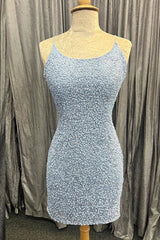 Light Blue Lace-Up Sequins Sheath Corset Homecoming Dress outfit, Homecoming Dresses Cute