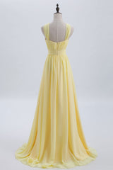 Cross Front Yellow Pleated Chiffon Long Corset Bridesmaid Dress outfit, Slip Dress