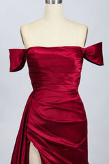 Red Satin Off-the-Shoulder Mermaid Long Corset Prom Dress with Slit Gowns, Bridal Shoes