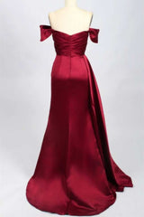 Red Satin Off-the-Shoulder Mermaid Long Corset Prom Dress with Slit Gowns, Ball Dress