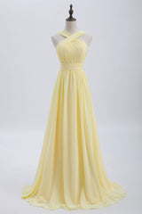 Cross Front Yellow Pleated Chiffon Long Corset Bridesmaid Dress outfit, Wedding Guest