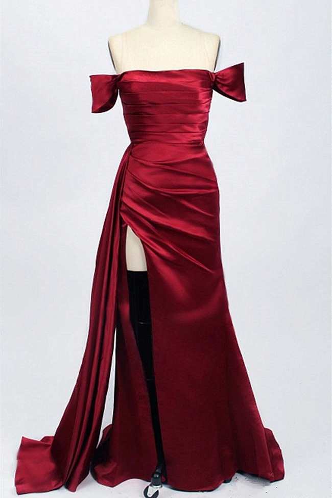 Red Satin Off-the-Shoulder Mermaid Long Corset Prom Dress with Slit Gowns, Summer Wedding