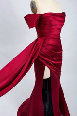 Red Satin Off-the-Shoulder Mermaid Long Corset Prom Dress with Slit Gowns, Spring Wedding Color