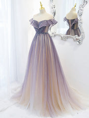 Purple Off Shoulder Tulle Sequin Long Corset Prom Dress, Purple Evening Dress outfit, Homecoming Dress Fitted